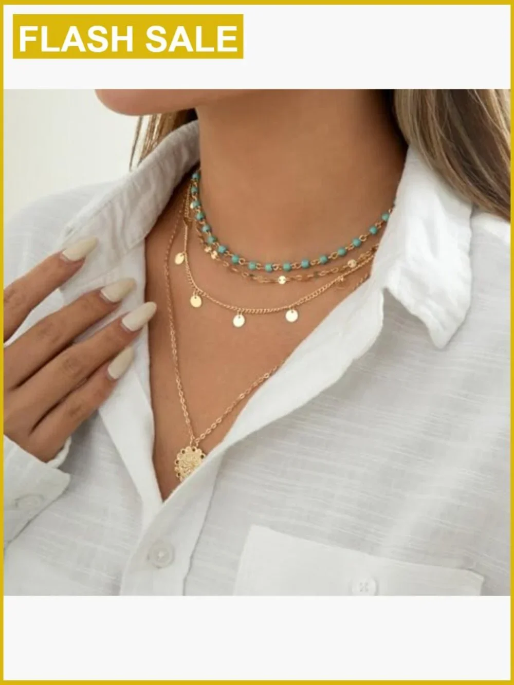 14K Gold Plated Layered Choker Necklace Set with Turquoise Stone Pendants - Picture 4 of 7